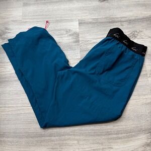 Koi Lite Peace Scrub Pants Womens Large Petite Teal Blue Slim Fit Cargo Bungee